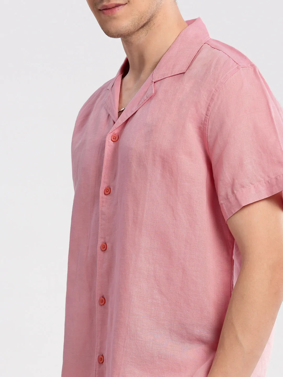 Men Cuban Collar Solid Pink Casual Shirt