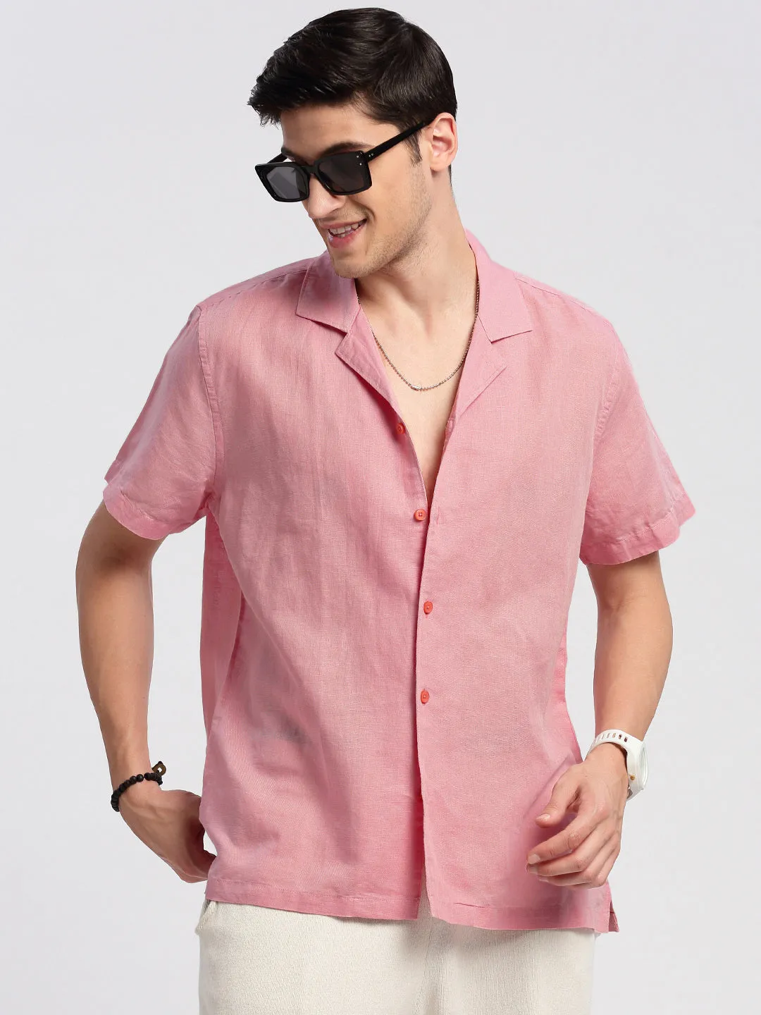 Men Cuban Collar Solid Pink Casual Shirt