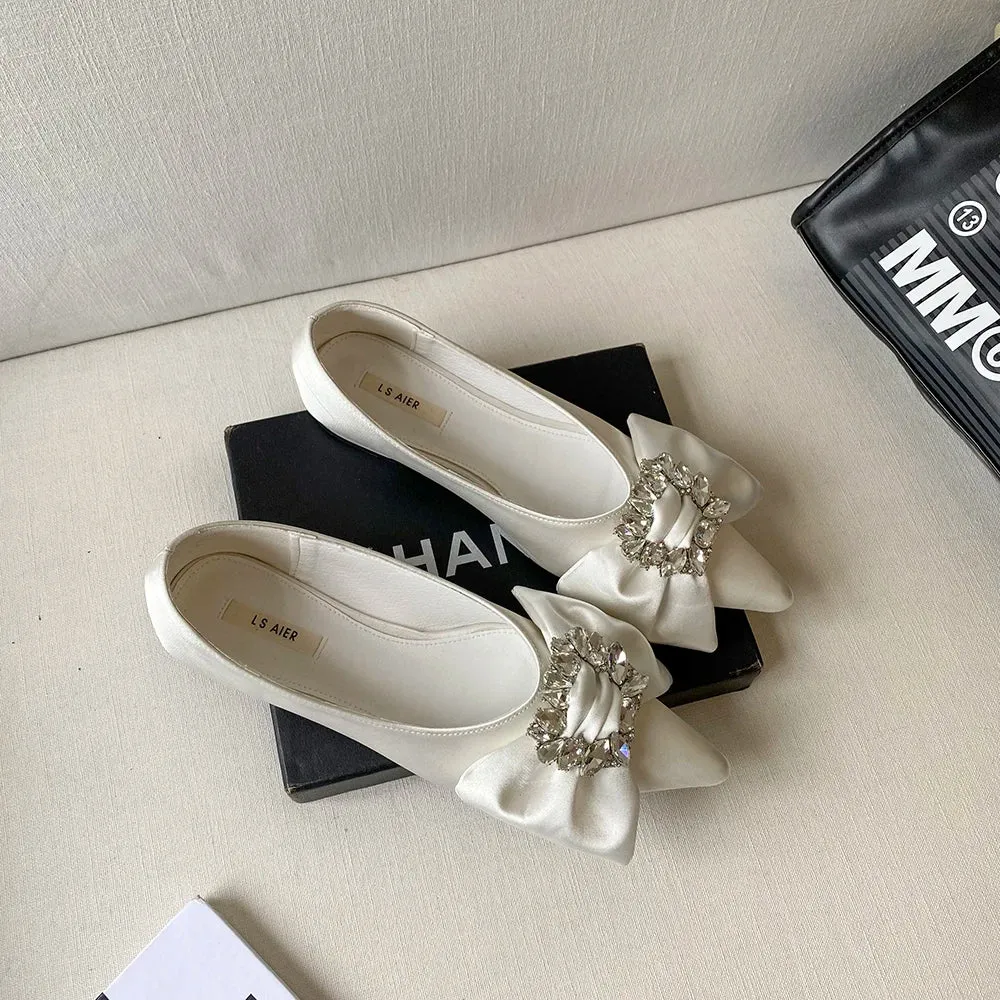 Mqtime Satin Women Loafers Flats Pointed Toe Autumn Spring Daliy Work Shoes Rhonestone Bow Design Flat Heels Black Green White 35-39