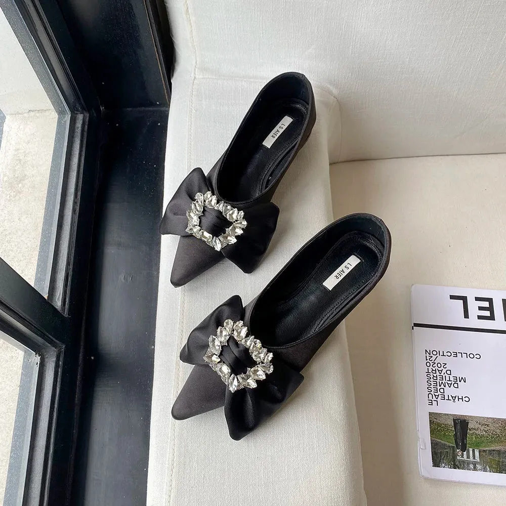 Mqtime Satin Women Loafers Flats Pointed Toe Autumn Spring Daliy Work Shoes Rhonestone Bow Design Flat Heels Black Green White 35-39