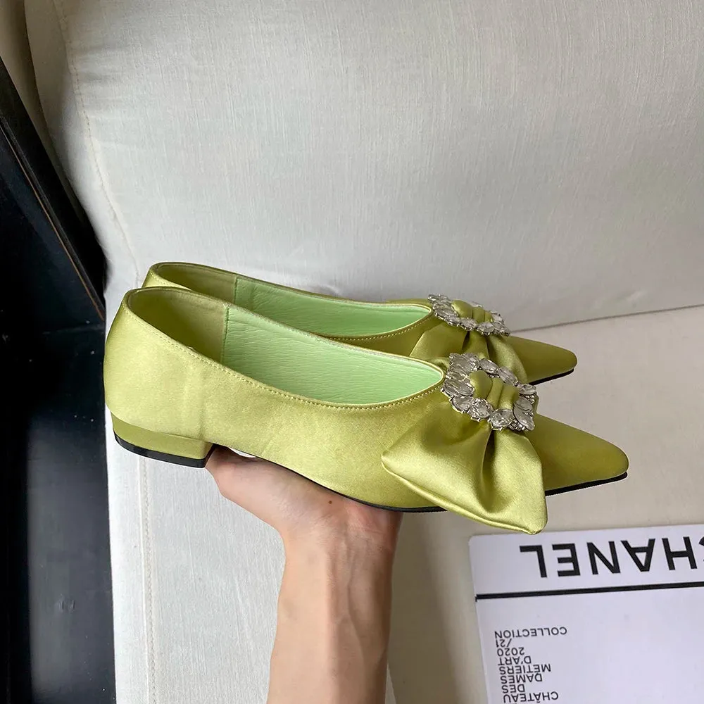 Mqtime Satin Women Loafers Flats Pointed Toe Autumn Spring Daliy Work Shoes Rhonestone Bow Design Flat Heels Black Green White 35-39
