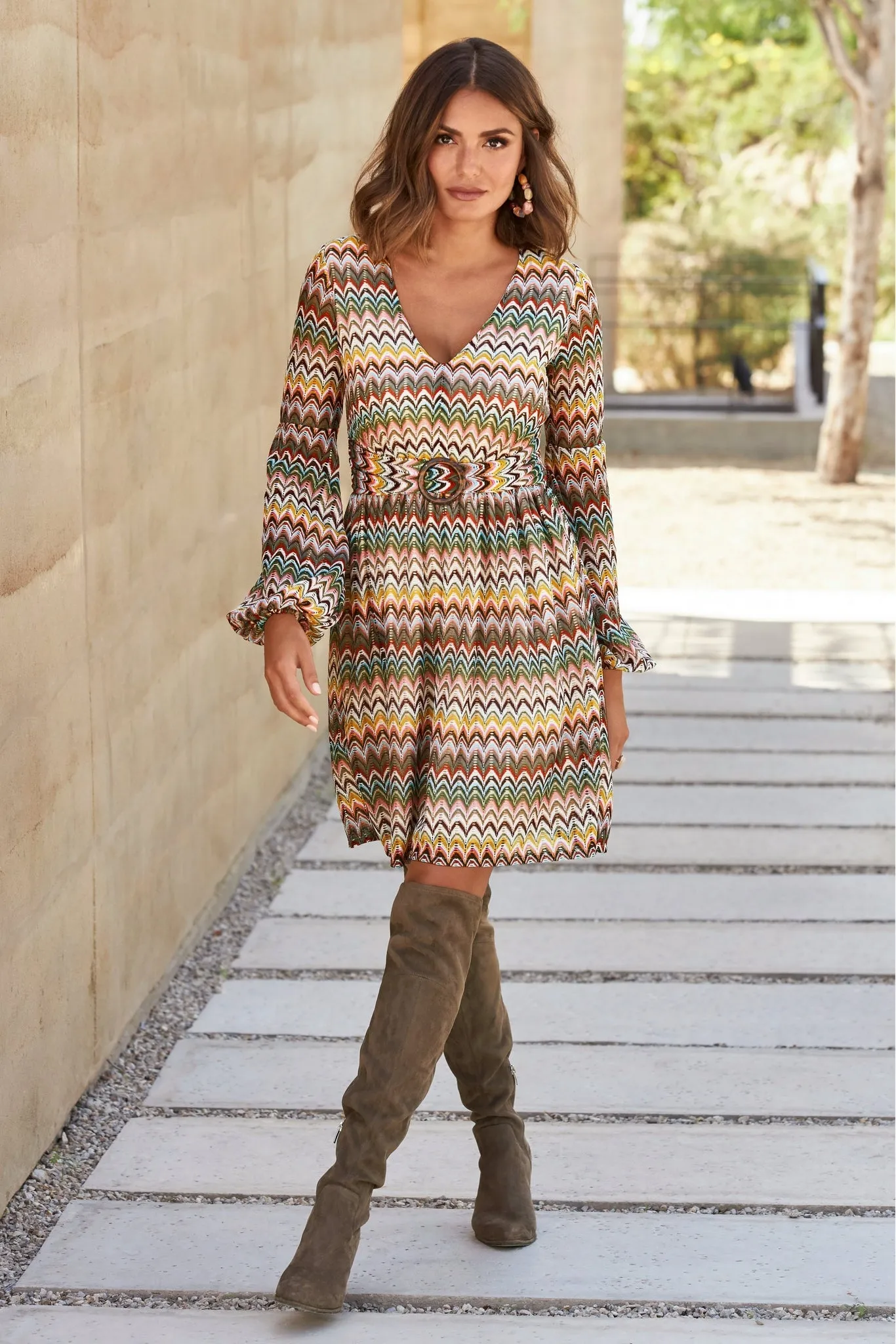 Multicolor Chevron Belted Dress Multi