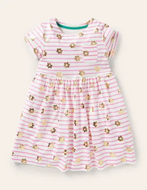 Pink Floral Short Sleeve Jersey Dress-Strawberry Ice Pink Gold Daisy