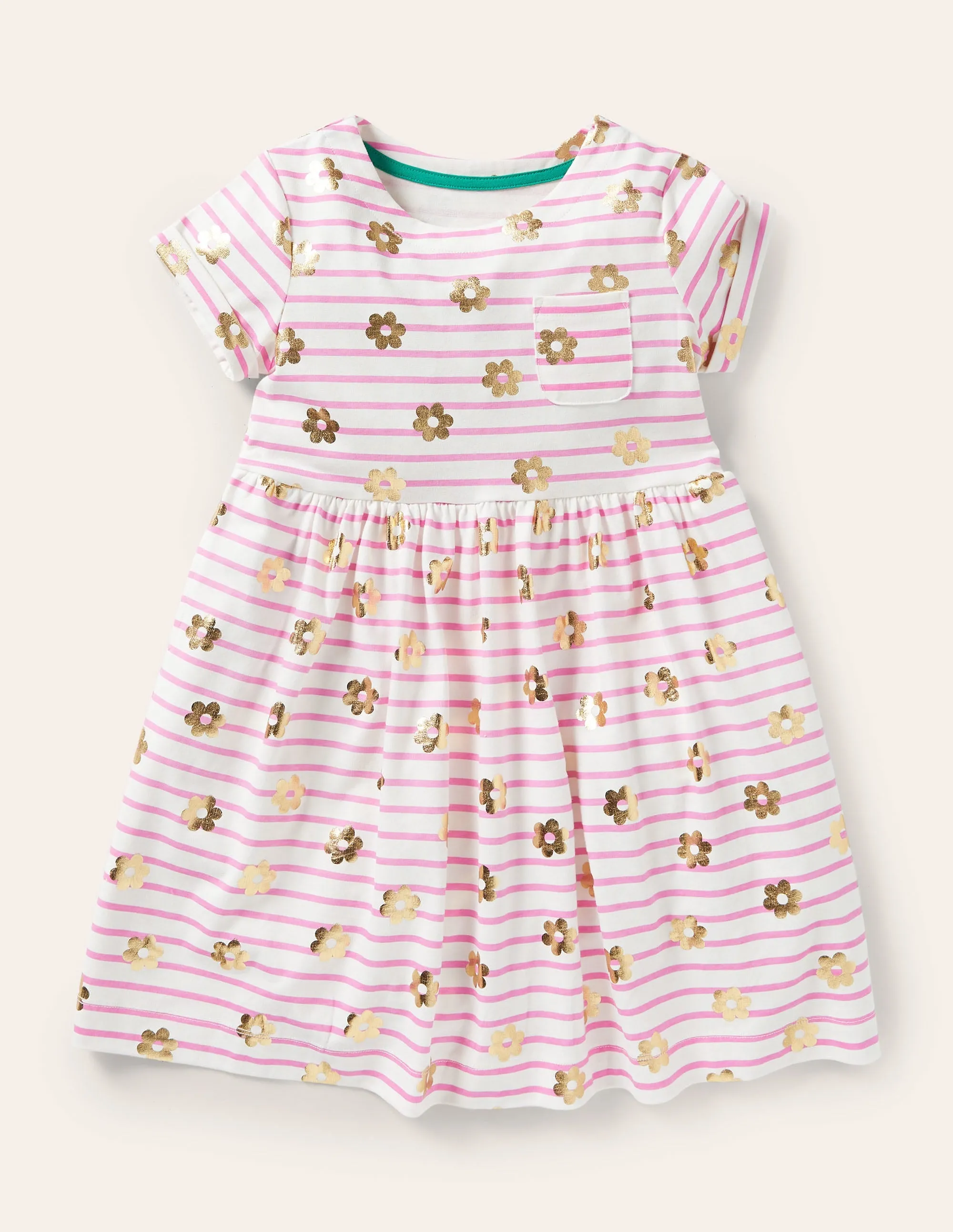 Pink Floral Short Sleeve Jersey Dress-Strawberry Ice Pink Gold Daisy