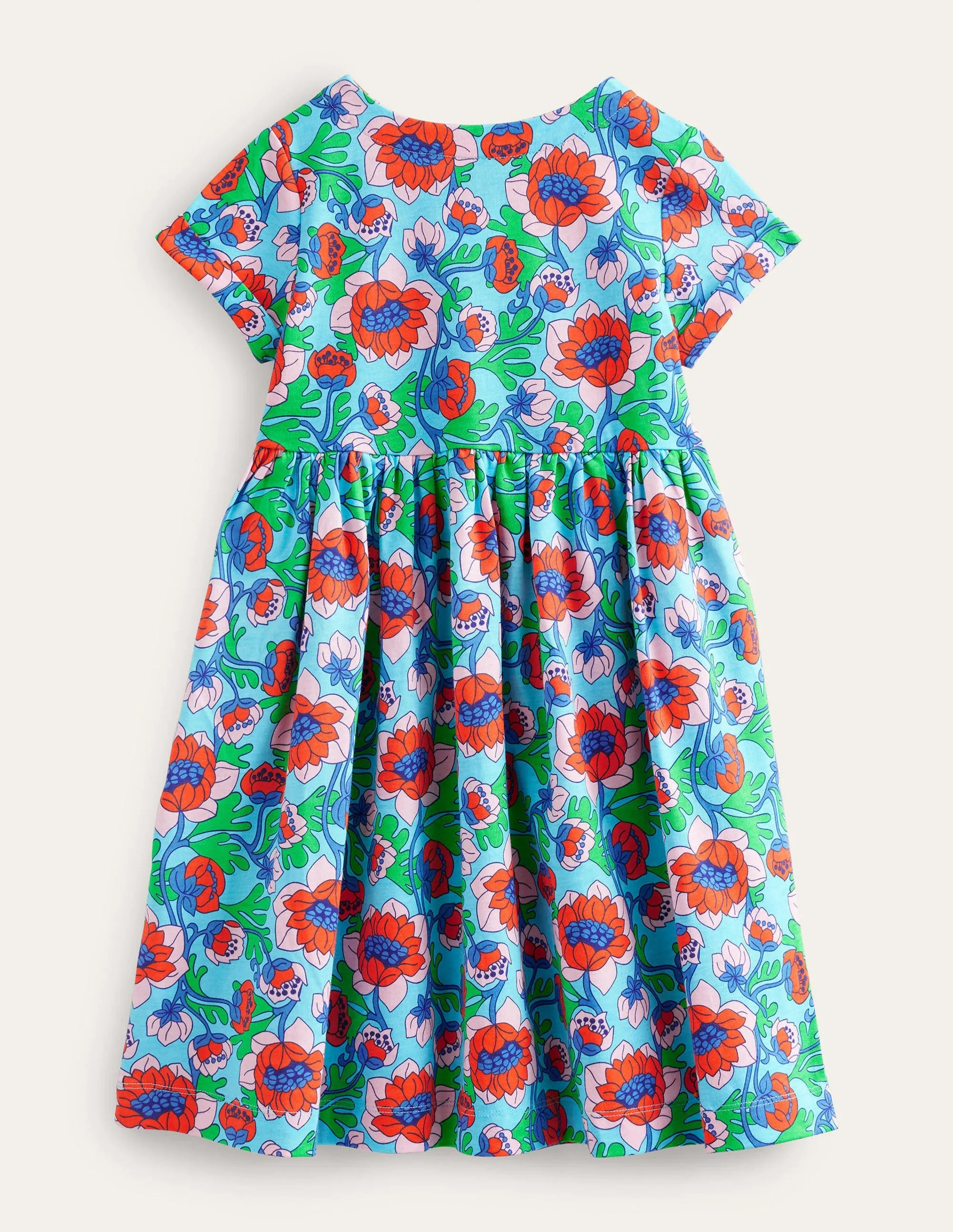 Short Sleeve Fun Jersey Dress-Aqua Blue Poppies