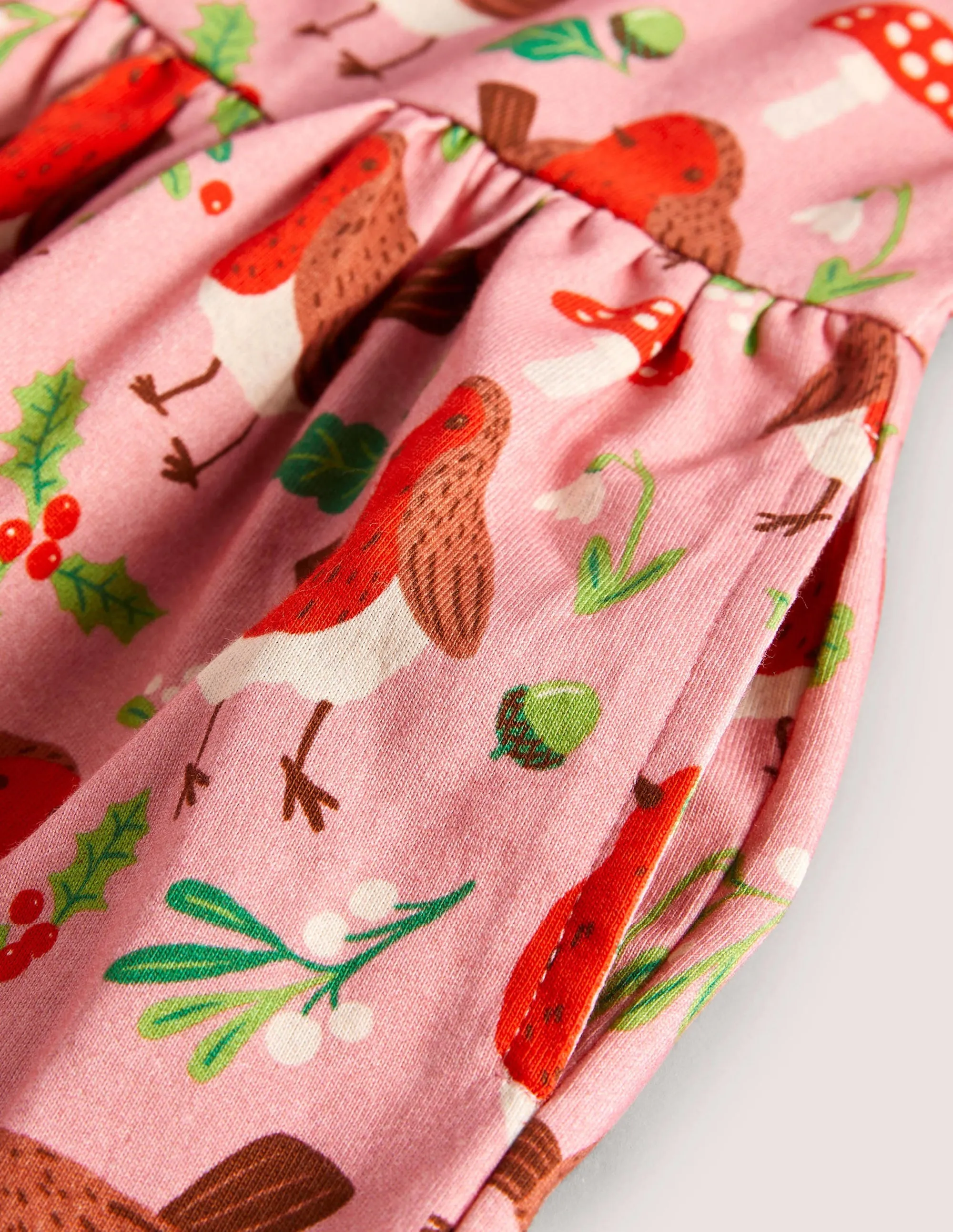 Short Sleeve Fun Jersey Dress-Formica Pink Festive Robins