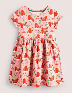 Short Sleeve Fun Jersey Dress-Formica Pink Festive Robins