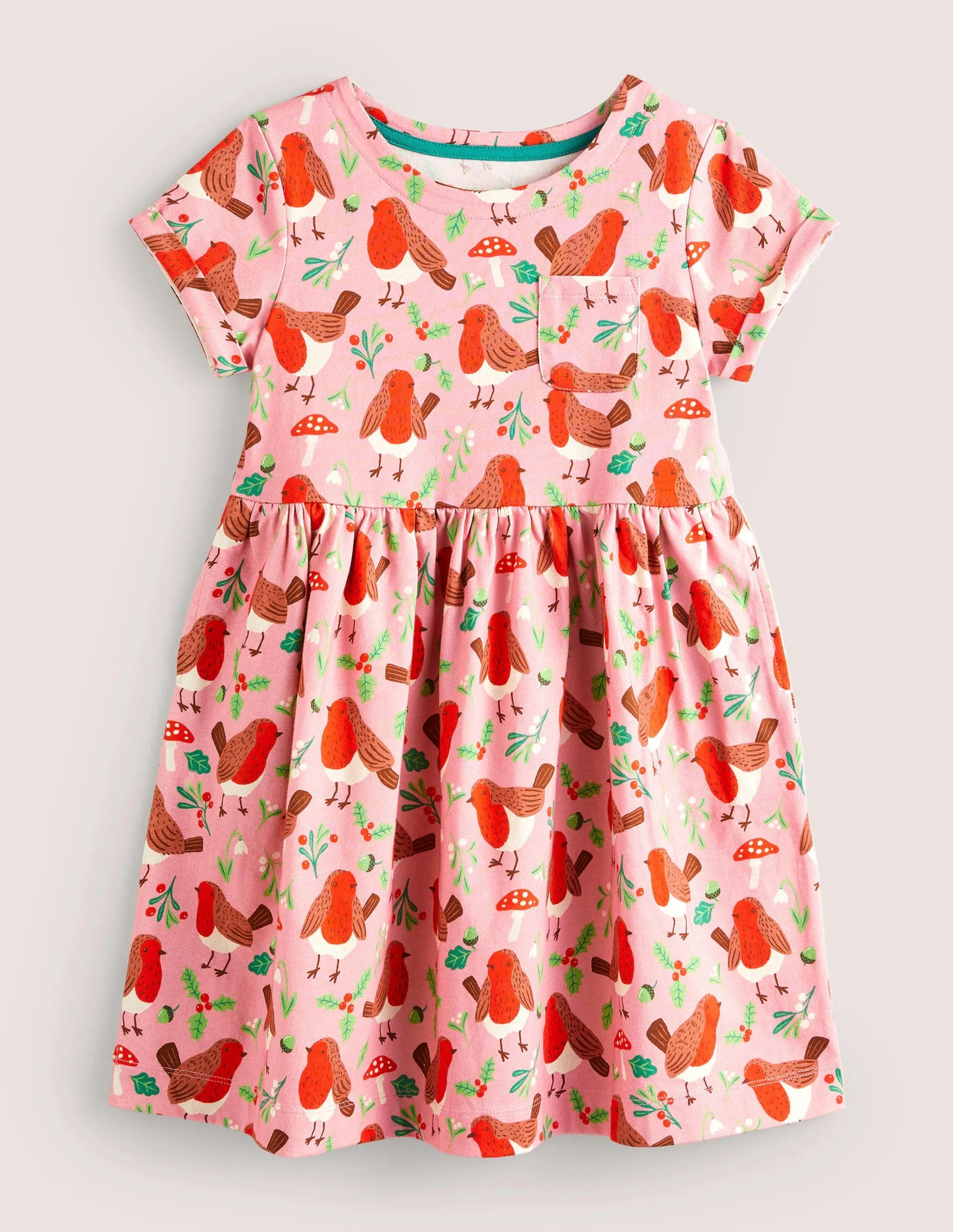 Short Sleeve Fun Jersey Dress-Formica Pink Festive Robins