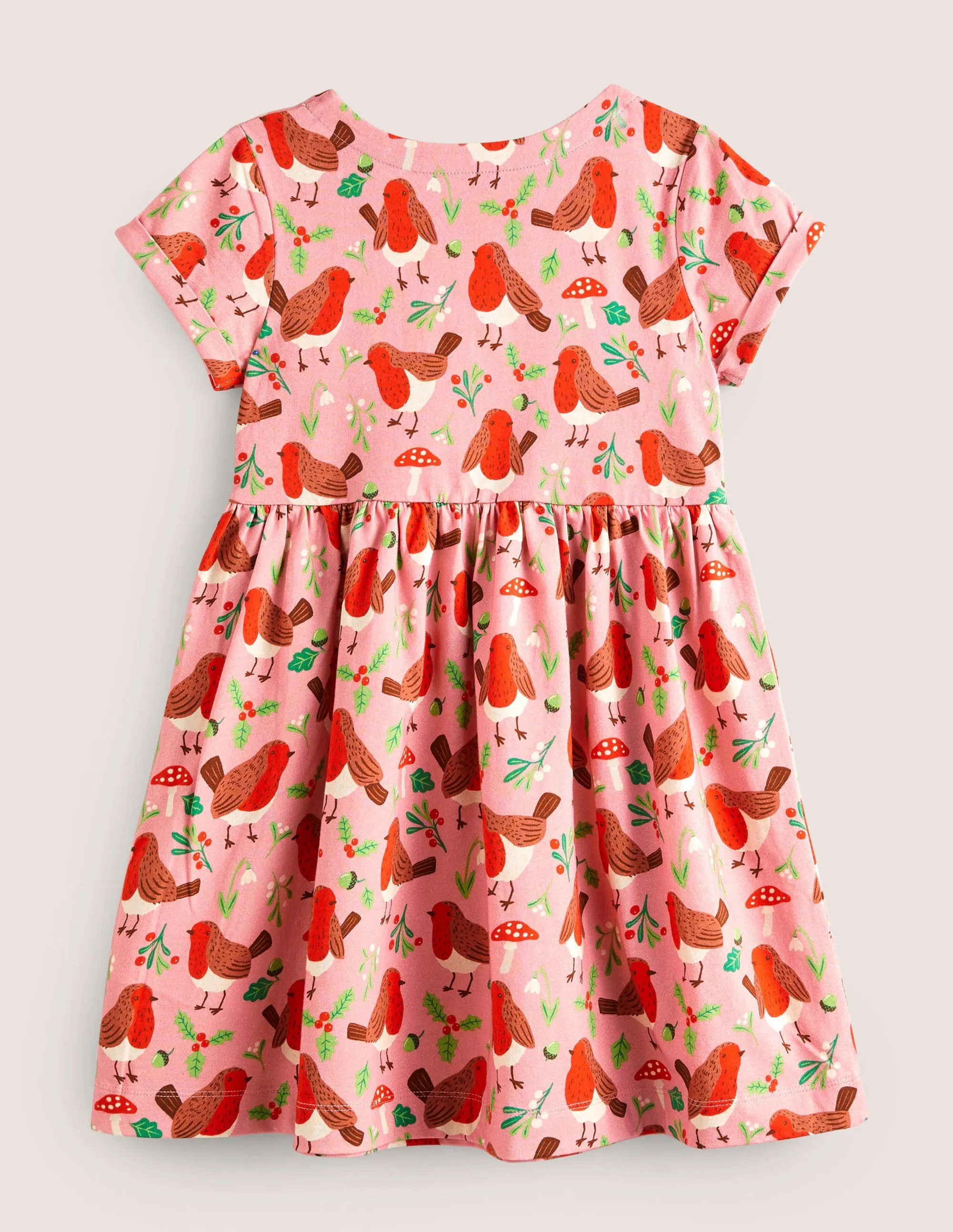 Short Sleeve Fun Jersey Dress-Formica Pink Festive Robins