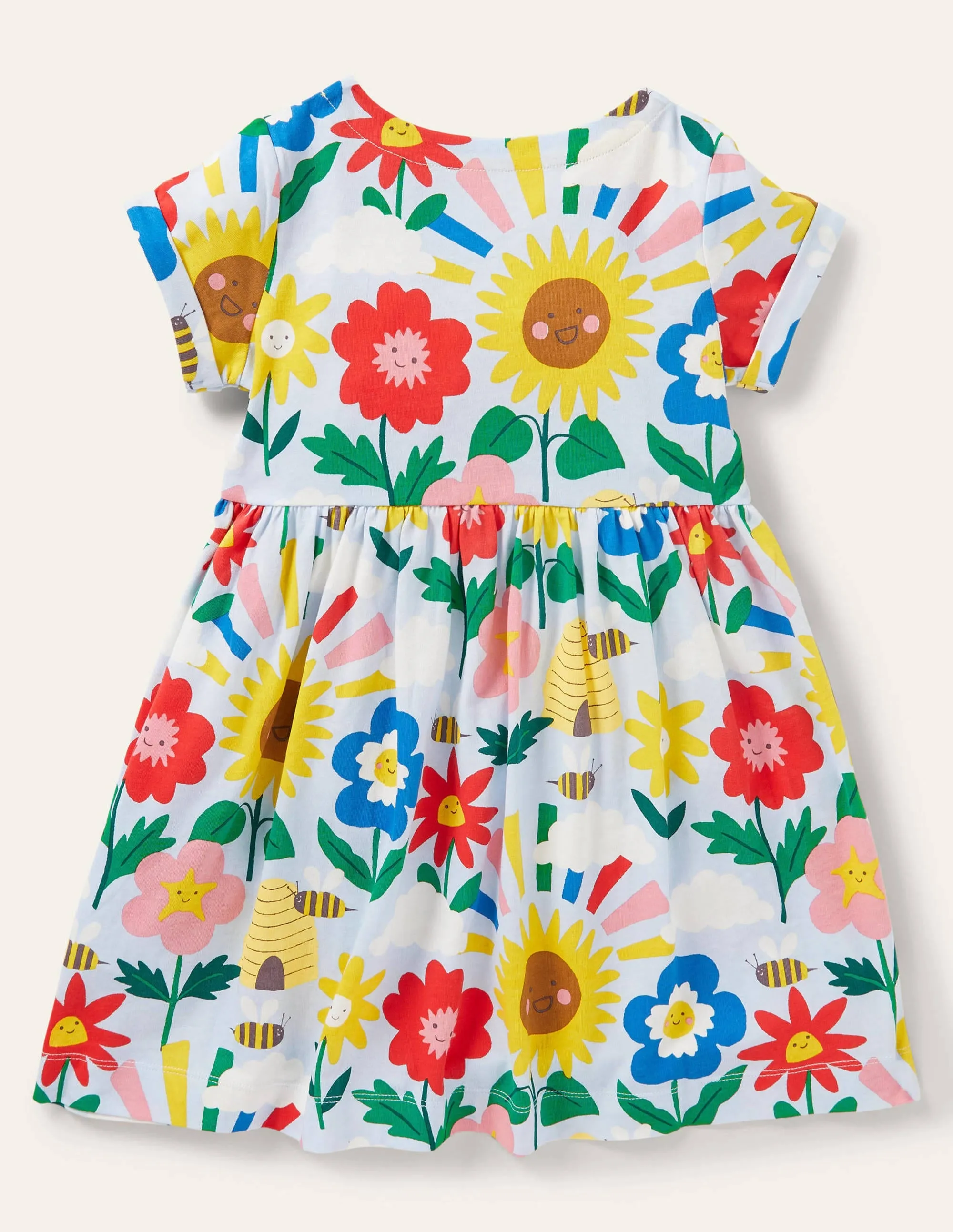 Short Sleeve Fun Jersey Dress-Provence Blue Happy Flowers