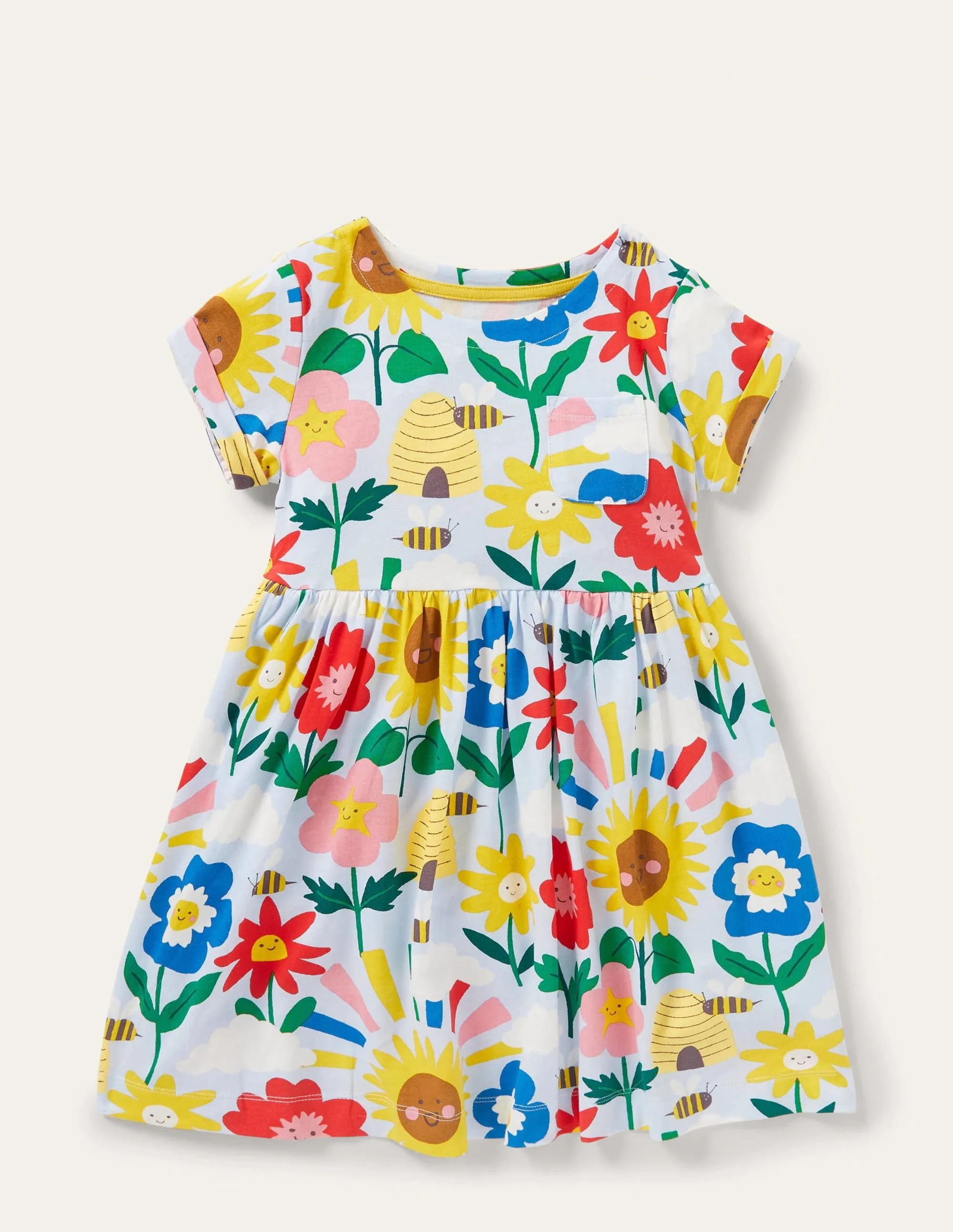 Short Sleeve Fun Jersey Dress-Provence Blue Happy Flowers