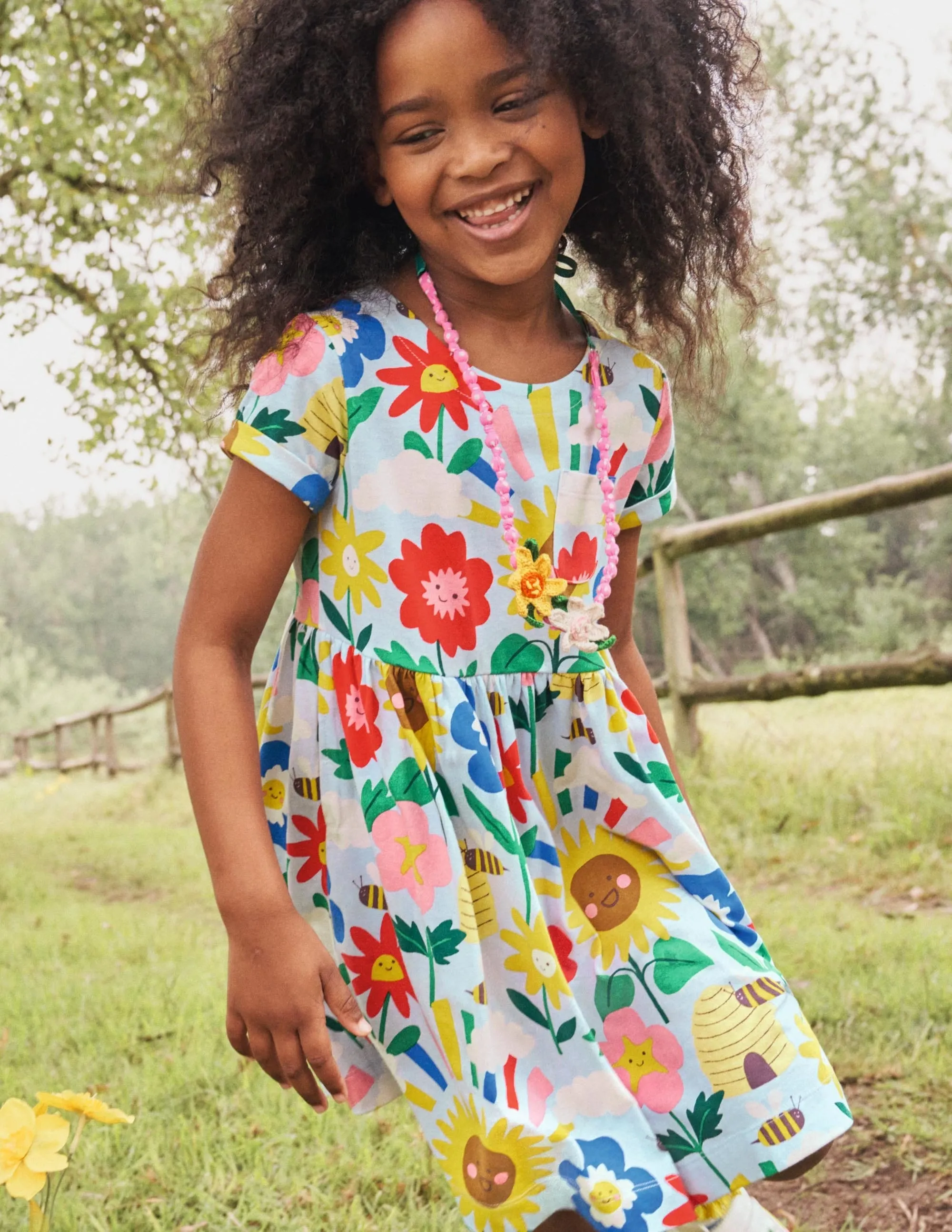 Short Sleeve Fun Jersey Dress-Provence Blue Happy Flowers