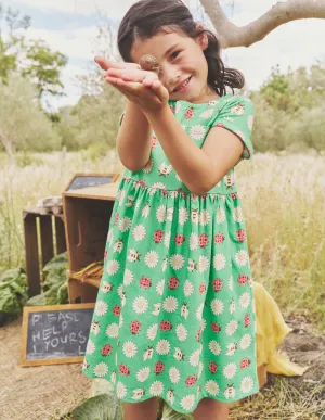 Short-sleeved Fun Jersey Dress-Pea Green Daisy Bugs