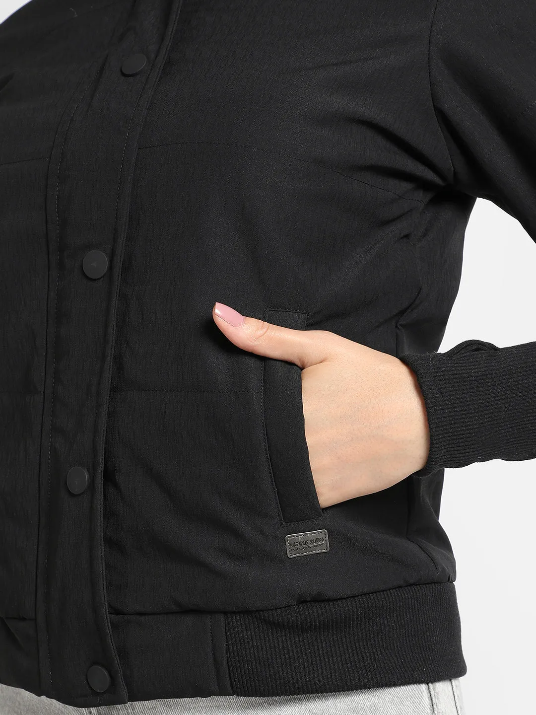 Solid Puffer Jacket With Angled Open Pockets