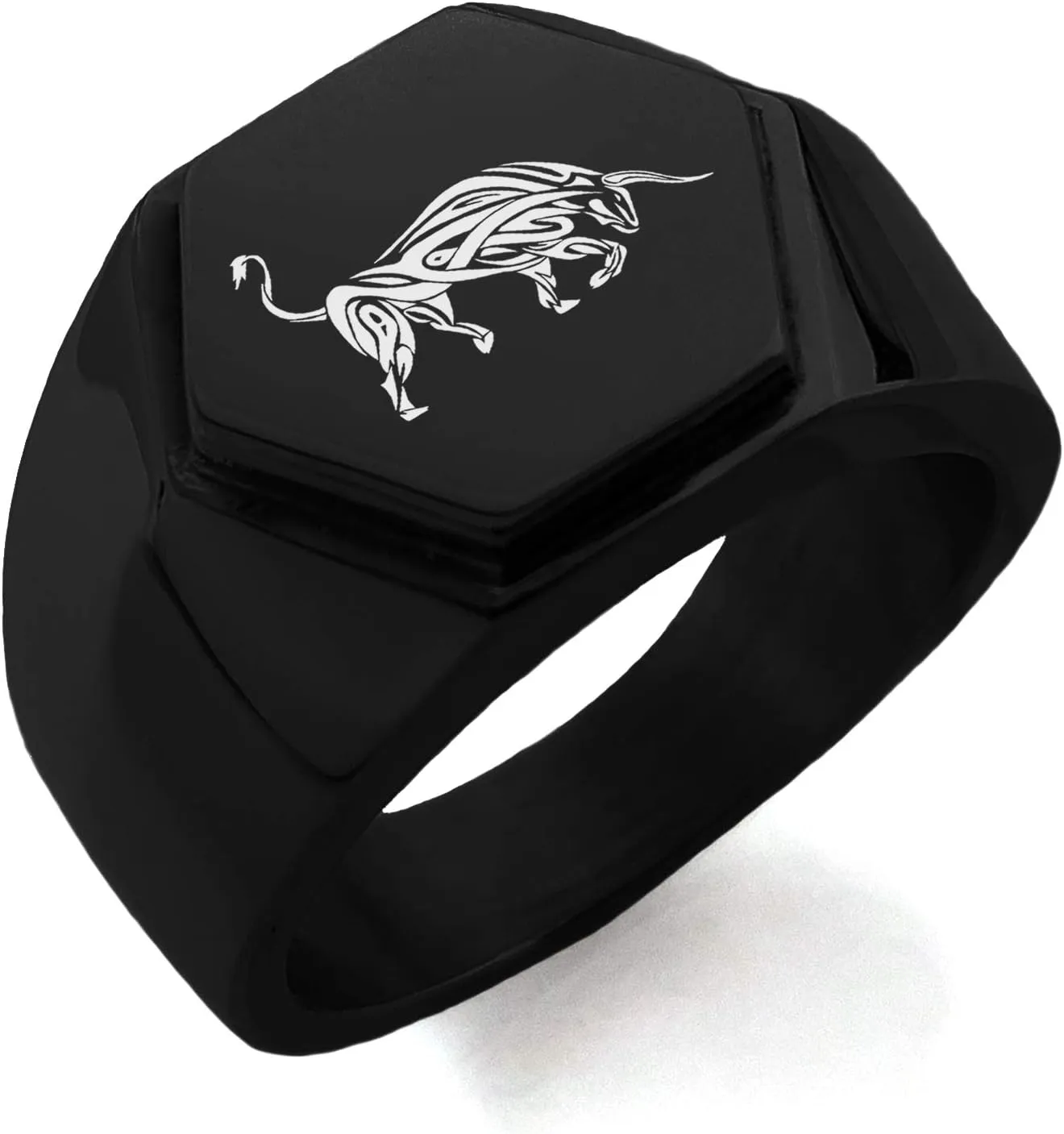 Stainless Steel Celtic Bull Rune Hexagon Crest Flat Top Biker Style Polished Ring