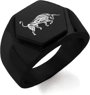 Stainless Steel Celtic Bull Rune Hexagon Crest Flat Top Biker Style Polished Ring