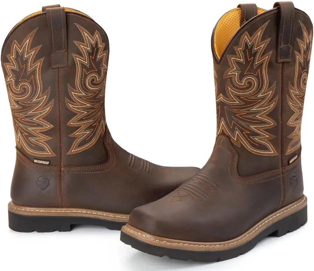 SUREWAY Mens Western Square Toe Cowboy Boots for Men,Soft/Steel Toe Full Grain Leather Slip On Pull On Work Boots for Construction Farming