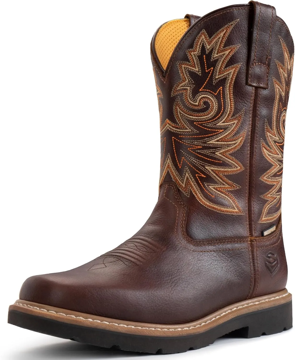 SUREWAY Mens Western Square Toe Cowboy Boots for Men,Waterproof Soft/Steel Toe Full Grain Leather Slip On Pull On Work Boots for Construction Farming,Soft Toe Dark Brown,Size 9