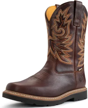 SUREWAY Mens Western Square Toe Cowboy Boots for Men,Waterproof Soft/Steel Toe Full Grain Leather Slip On Pull On Work Boots for Construction Farming,Soft Toe Dark Brown,Size 9