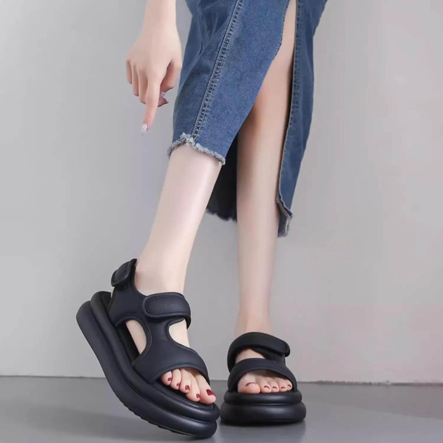 Toddler Kid Girl Casual Hook & Loop Sandal Solid Color Rubber Soft Sole Birthday Party School Beach Flat Shoes