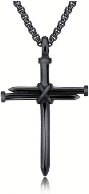 Vintage Nail Cross Charm Pendant Necklace, Men's Christian Chain Jewelry Polished