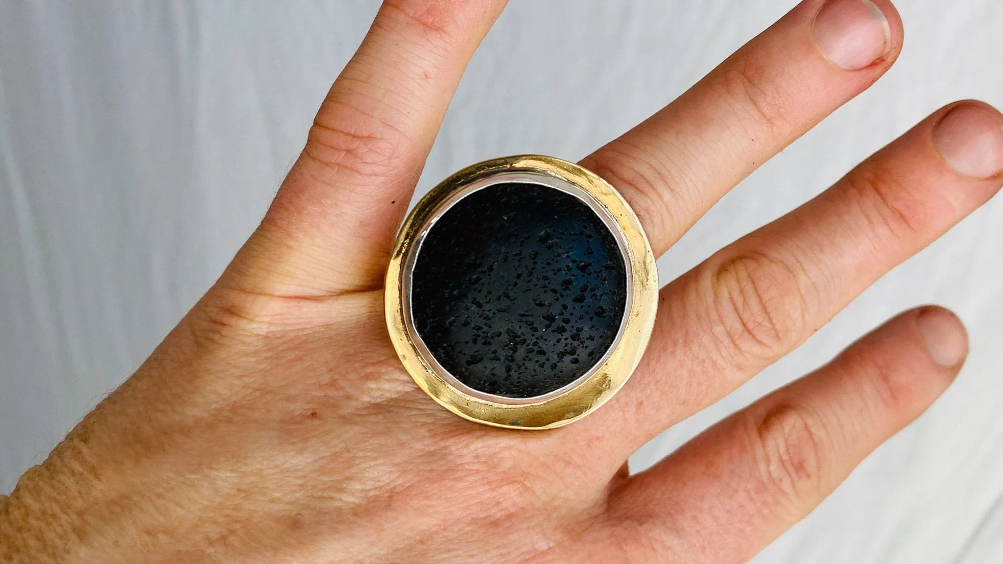 Volcanic Lava Ring. Size 7. Brass and Sterling Silver