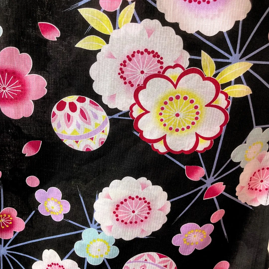 Yukata Girls - Black with floral and temari print