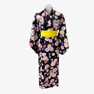 Yukata Girls - Black with floral and temari print