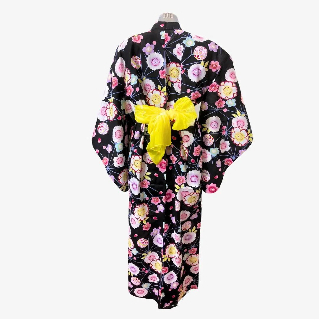 Yukata Girls - Black with floral and temari print