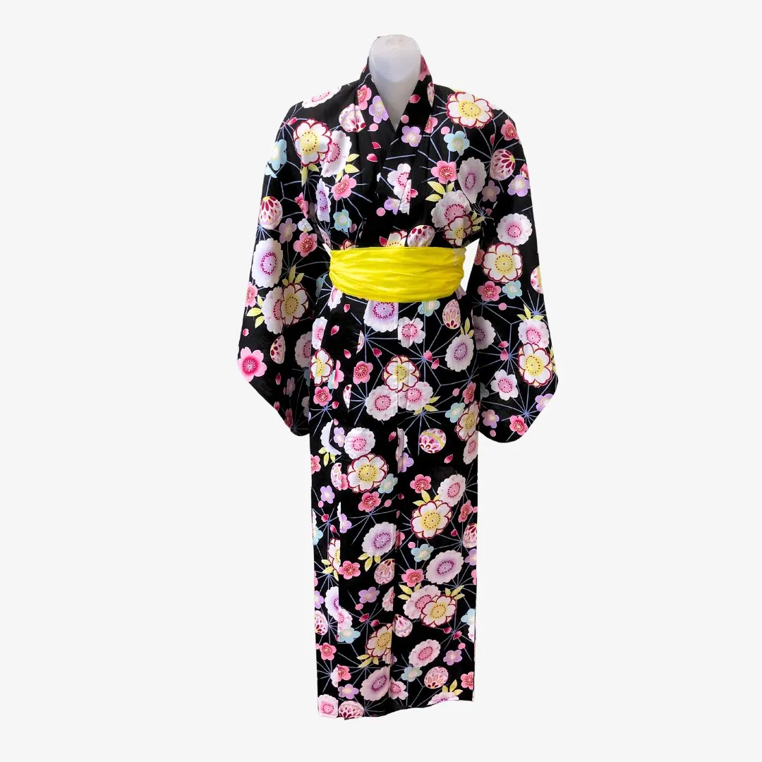 Yukata Girls - Black with floral and temari print